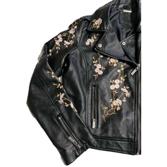 JouJou J2 Cherry Blossom Embroidered Moto Jacket Womens XL Black Biker - Picture 6 of 8